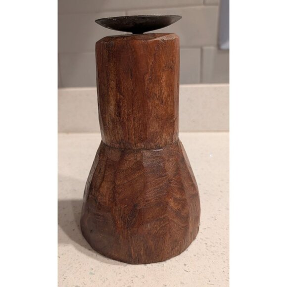 Hand-Carved Wooden Candle Holder with Metal Accent Rustic - Picture 8 of 16